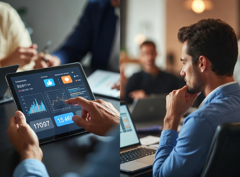 Professionals analyzing investor analytics dashboards and digital marketing data