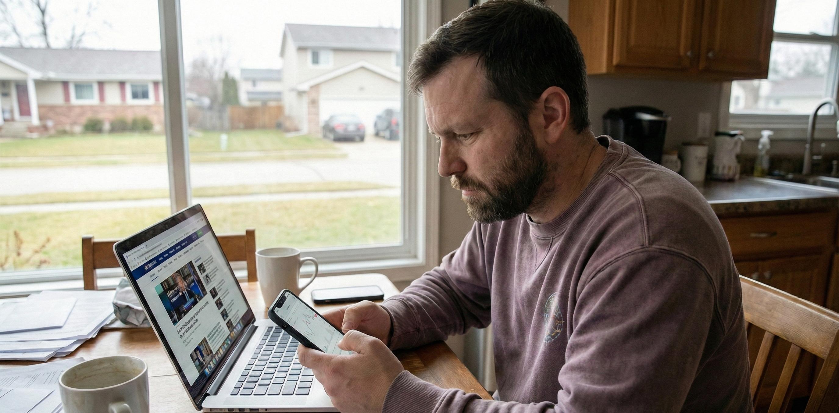 Retail investor researching investment opportunities at home on laptop and mobile